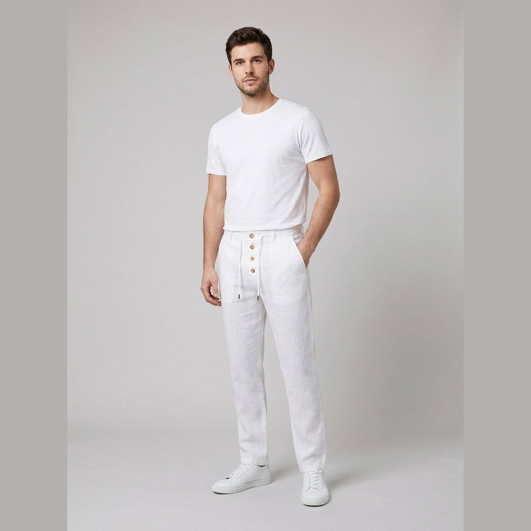 Men's Relaxed-Fit Pleated Linen Drawstring Pants