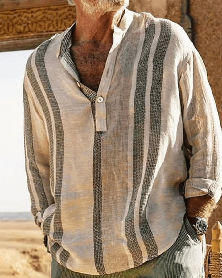 Men's Relaxed-Fit Striped Linen Long-Sleeve Henley Shirt
