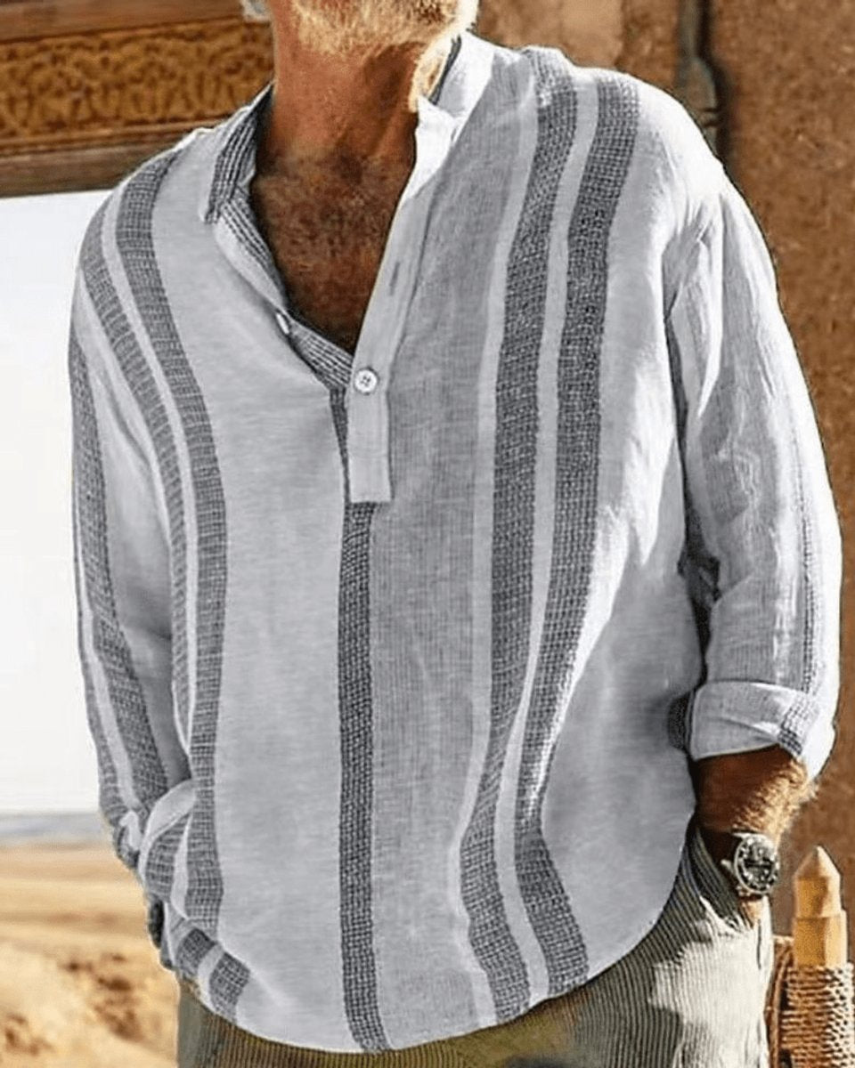 Men's Relaxed-Fit Striped Linen Long-Sleeve Henley Shirt