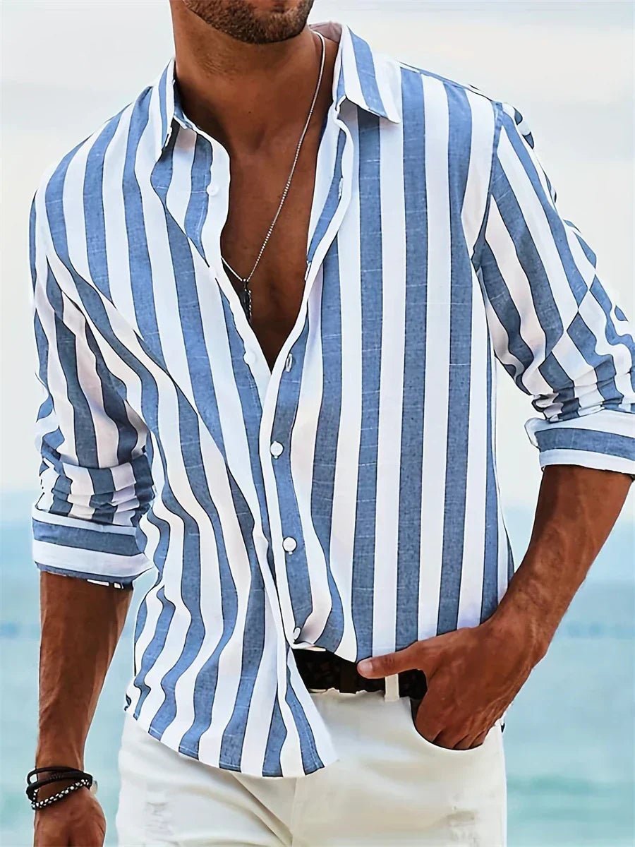 Men's Relaxed-Fit Striped Open-Collar Polo Shirt - Blue