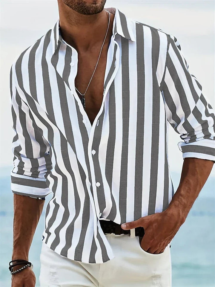 Men's Relaxed-Fit Striped Open-Collar Polo Shirt - Dark Gray
