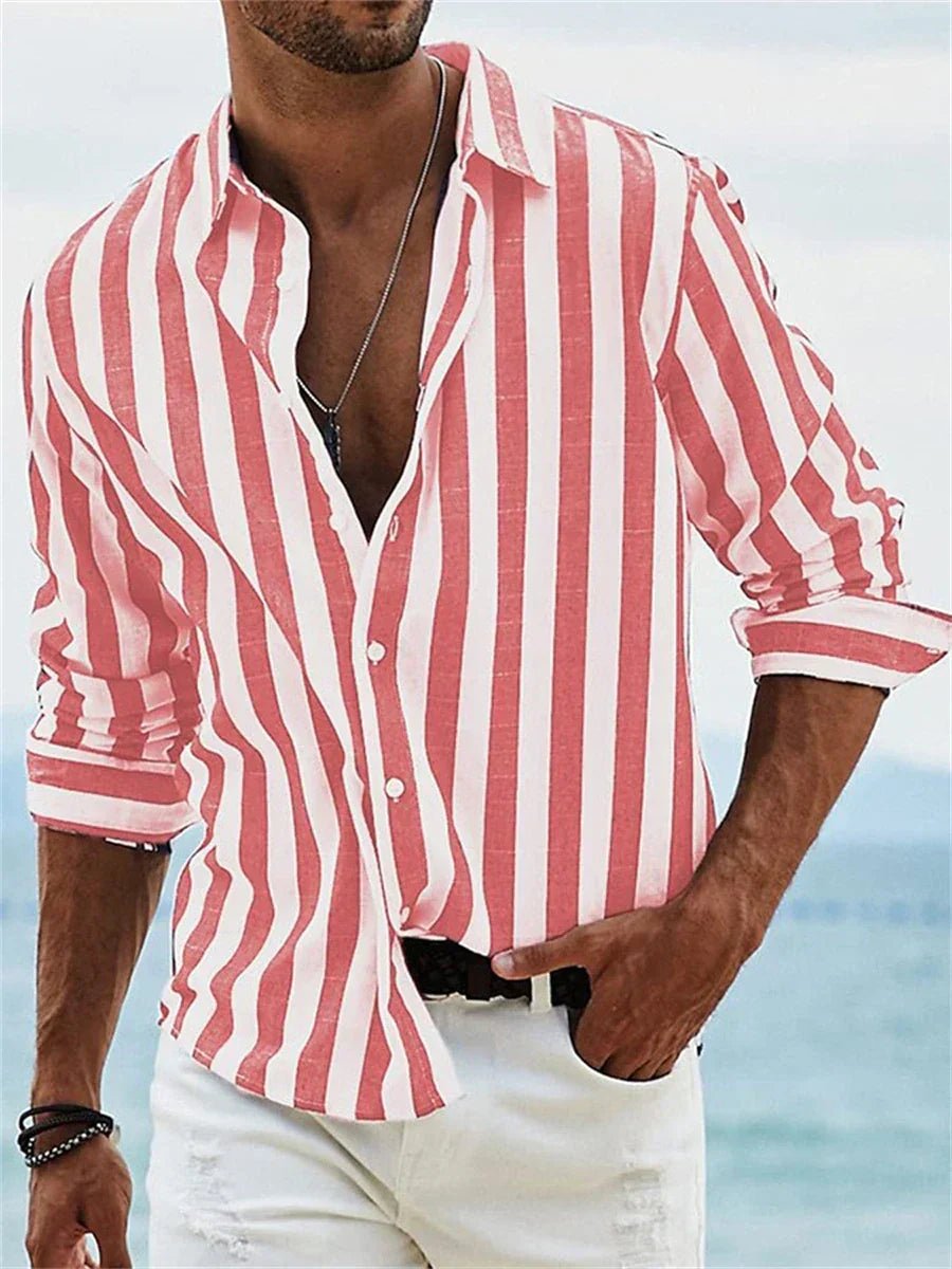 Men's Relaxed-Fit Striped Open-Collar Polo Shirt - Red