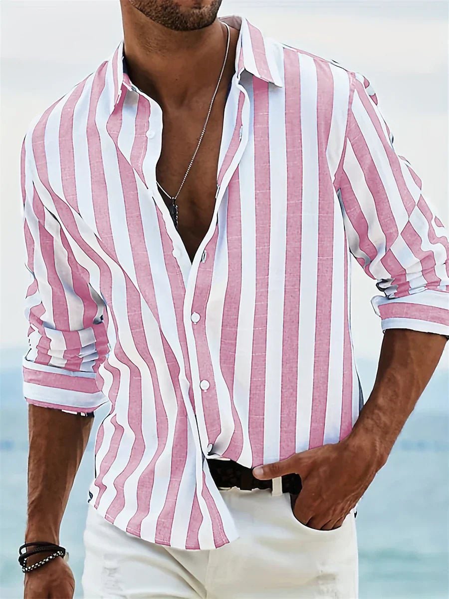 Men's Relaxed-Fit Striped Open-Collar Polo Shirt - Pink