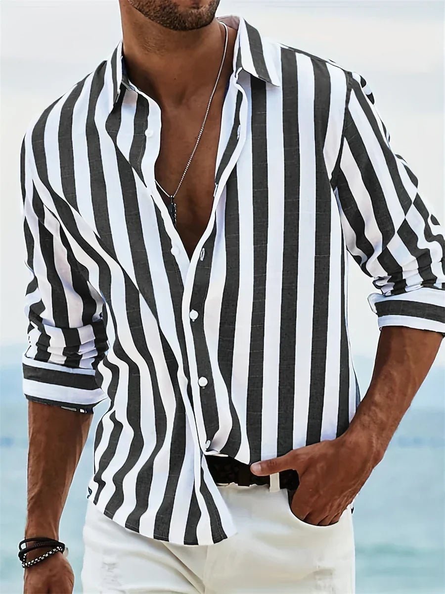 Men's Relaxed-Fit Striped Open-Collar Polo Shirt - Black