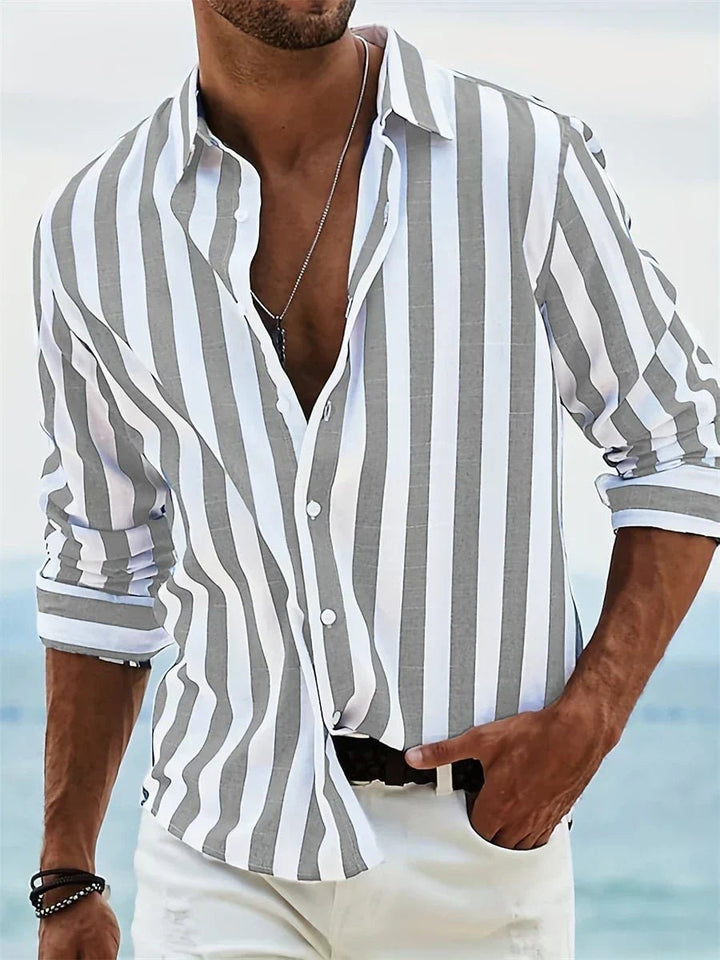 Men's Relaxed-Fit Striped Open-Collar Polo Shirt - Light Gray