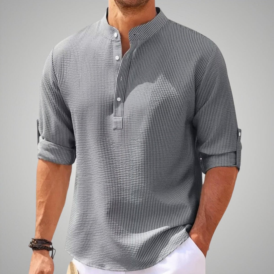Men's Relaxed-Fit Waffle-Knit Henley Band-Collar Shirt