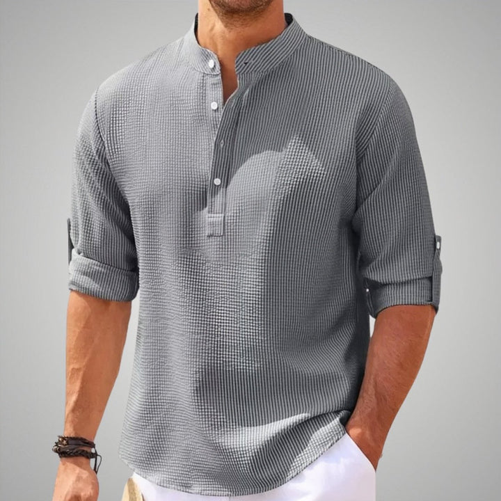 Men's Relaxed-Fit Waffle-Knit Henley Band-Collar Shirt