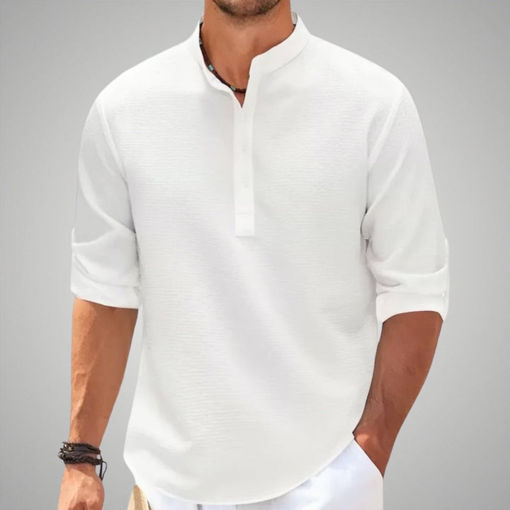 Men's Relaxed-Fit Waffle-Knit Henley Band-Collar Shirt