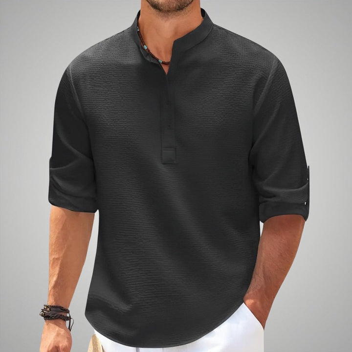 Men's Relaxed-Fit Waffle-Knit Henley Band-Collar Shirt