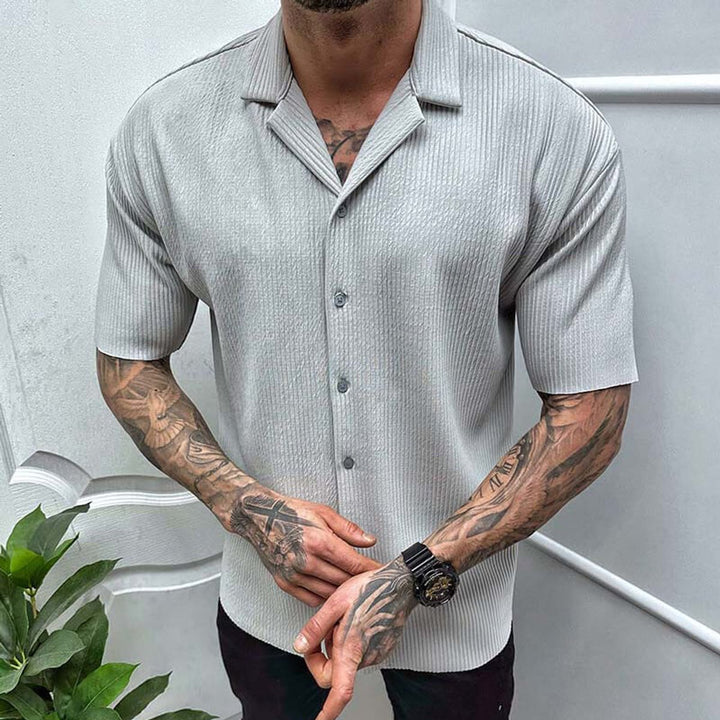 Men's Ribbed-Knit Cuban-Collar Short-Sleeve Button-Up Shirt