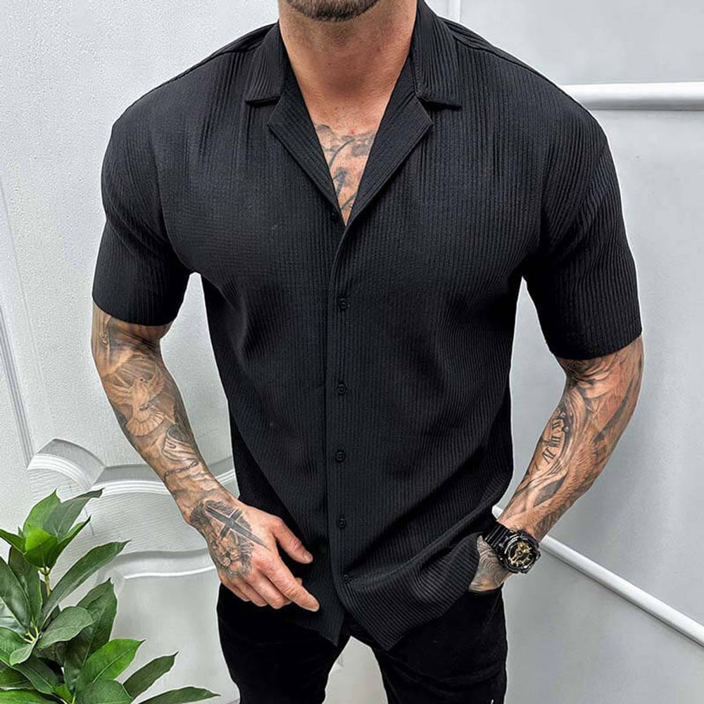 Men's Ribbed-Knit Cuban-Collar Short-Sleeve Button-Up Shirt