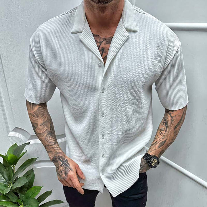 Men's Ribbed-Knit Cuban-Collar Short-Sleeve Button-Up Shirt