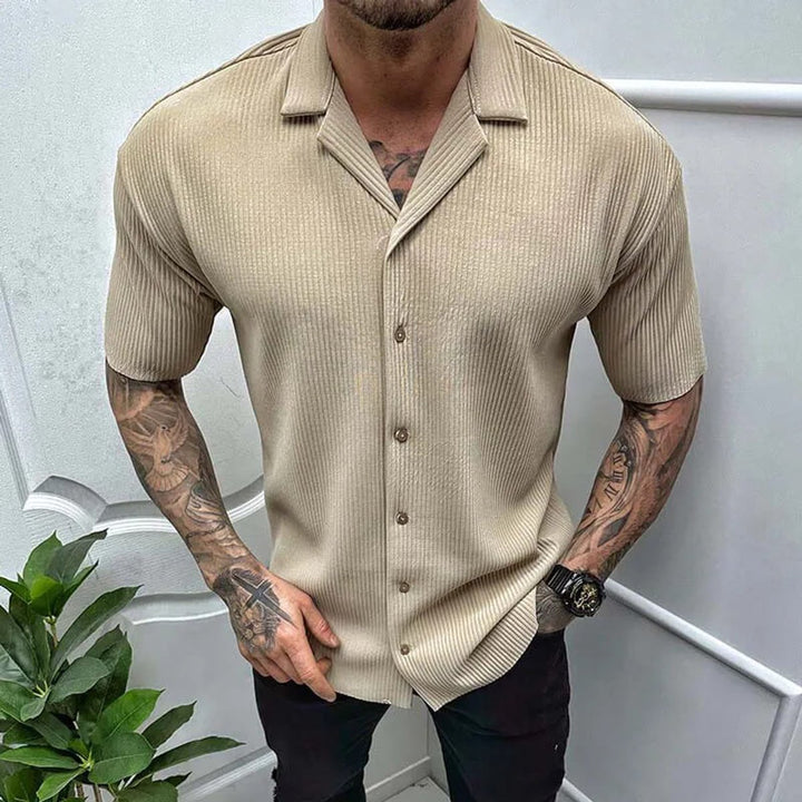 Men's Ribbed-Knit Cuban-Collar Short-Sleeve Button-Up Shirt