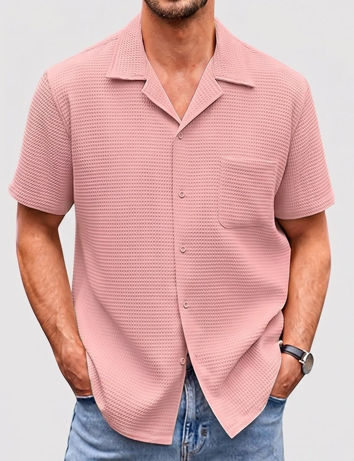 Men's Ribbed-Knit Cuban-Collar Short-Sleeve Button-Up Shirt