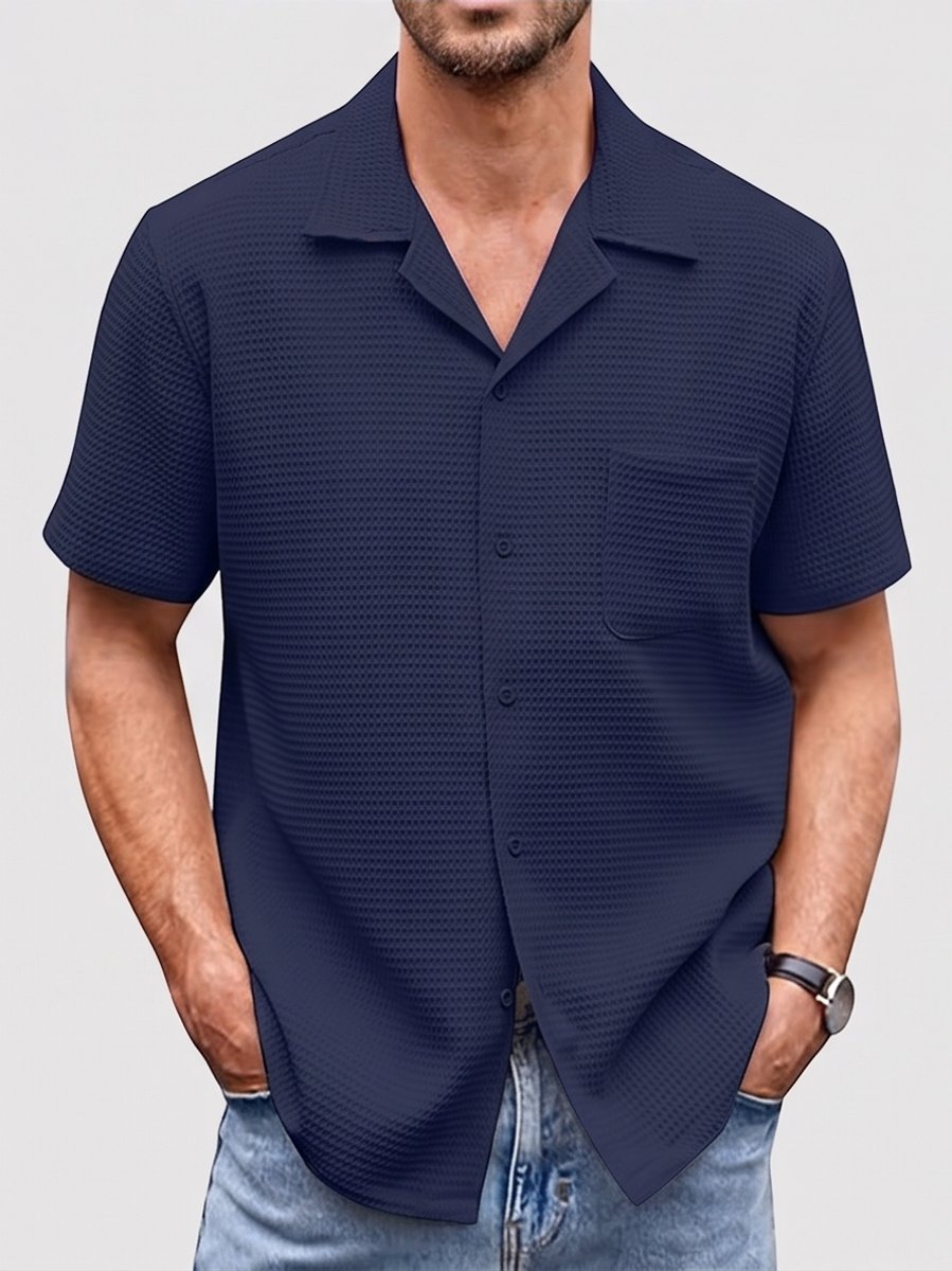 Men's Ribbed-Knit Cuban-Collar Short-Sleeve Button-Up Shirt