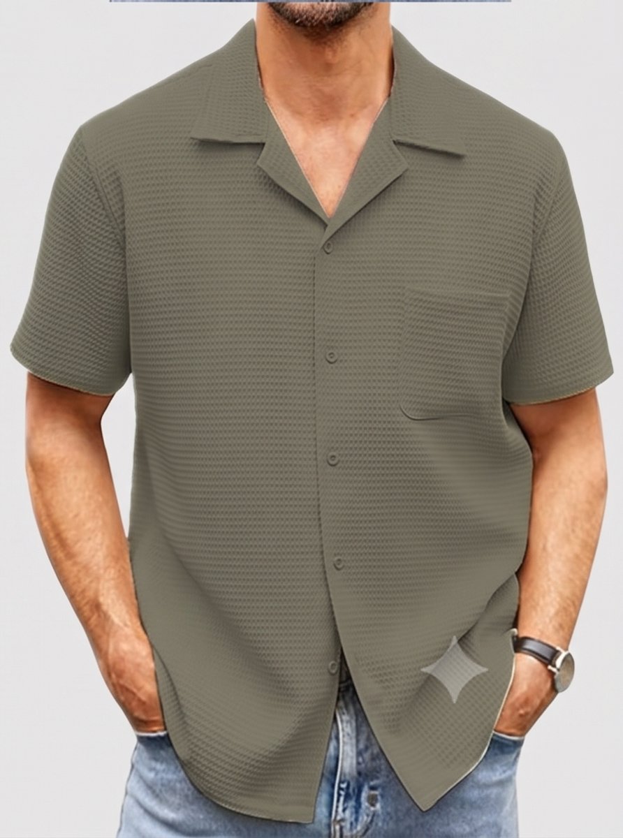 Men's Ribbed-Knit Cuban-Collar Short-Sleeve Button-Up Shirt