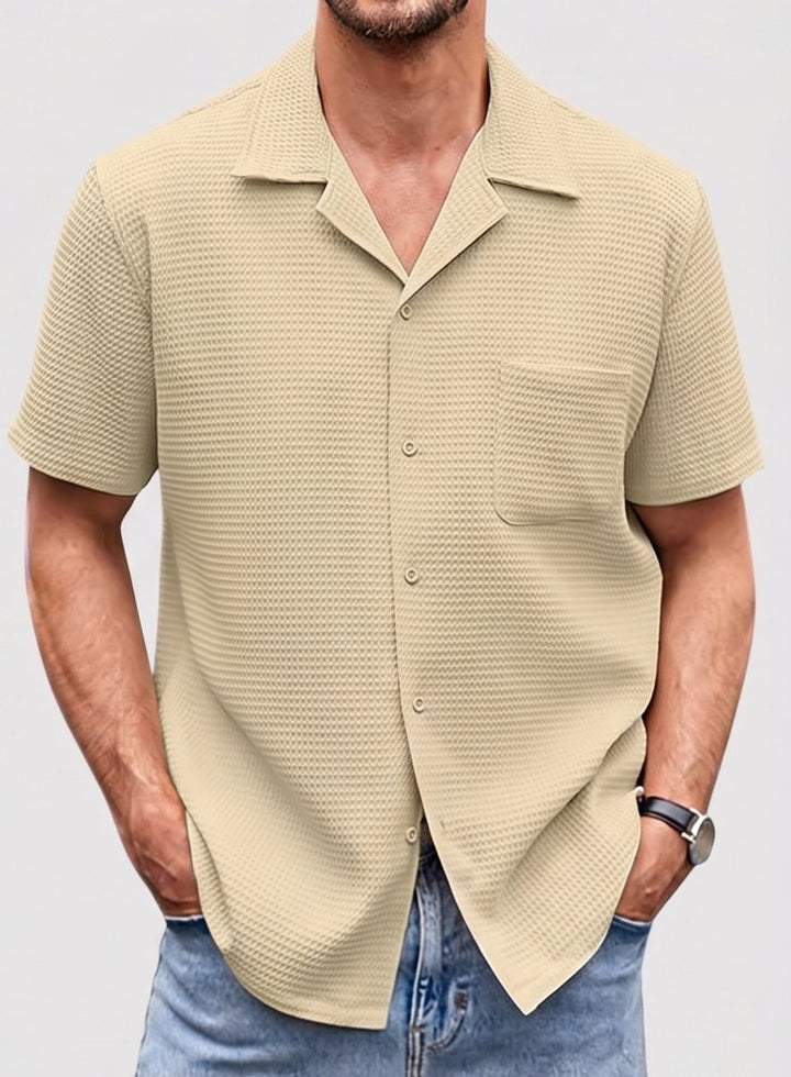 Men's Ribbed-Knit Cuban-Collar Short-Sleeve Button-Up Shirt