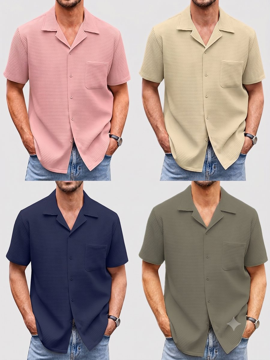 Men's Ribbed-Knit Cuban-Collar Short-Sleeve Button-Up Shirt