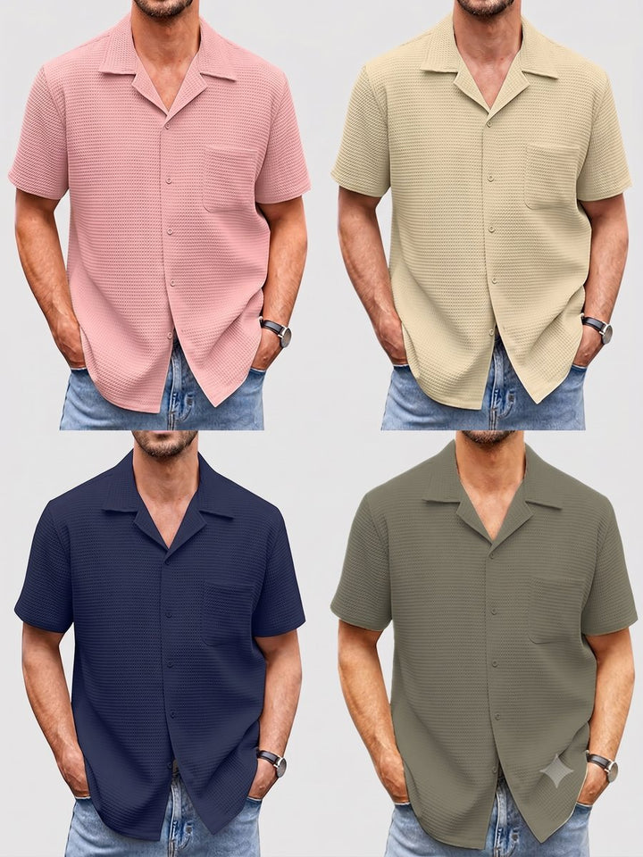 Men's Ribbed-Knit Cuban-Collar Short-Sleeve Button-Up Shirt