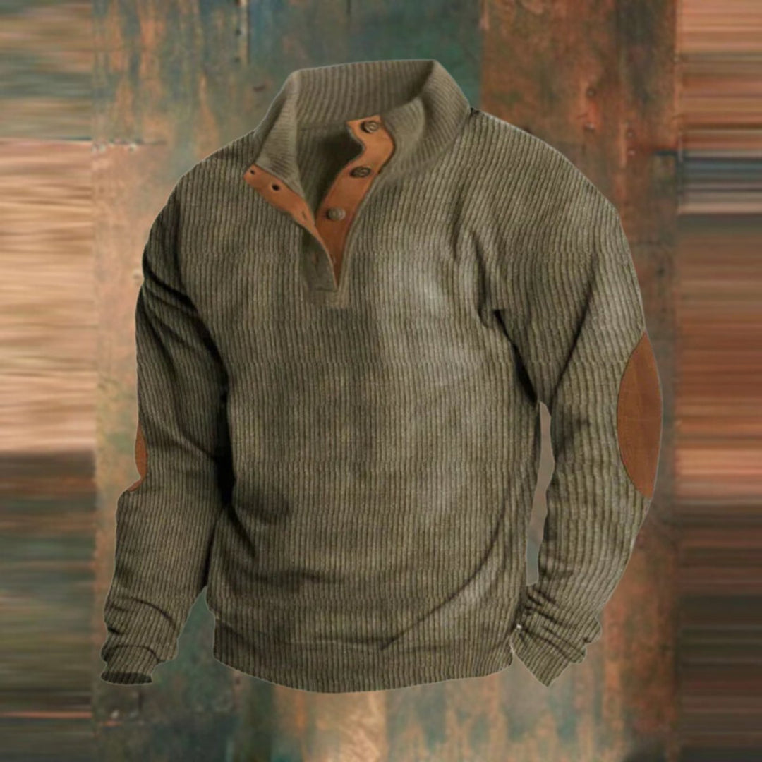 Men's Ribbed Quarter-Button Stand-Collar Pullover Sweater