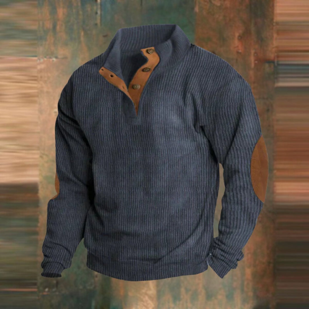 Men's Ribbed Quarter-Button Stand-Collar Pullover Sweater