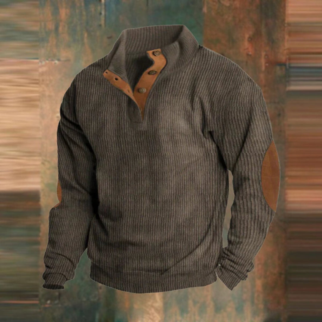 Men's Ribbed Quarter-Button Stand-Collar Pullover Sweater