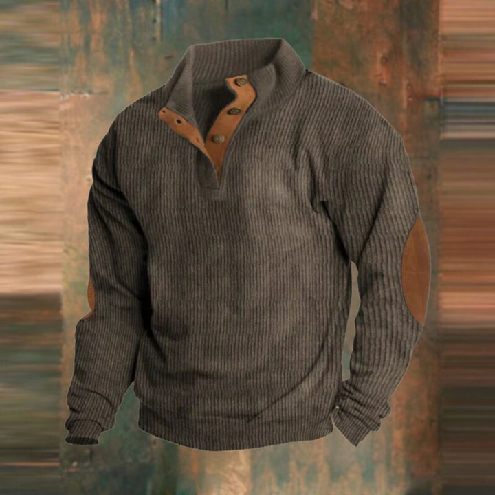 Men's Ribbed Quarter-Button Stand-Collar Pullover Sweater