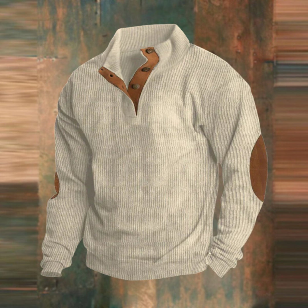 Men's Ribbed Quarter-Button Stand-Collar Pullover Sweater