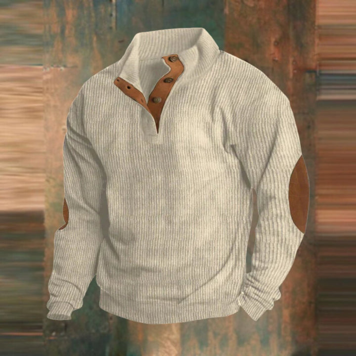 Men's Ribbed Quarter-Button Stand-Collar Pullover Sweater