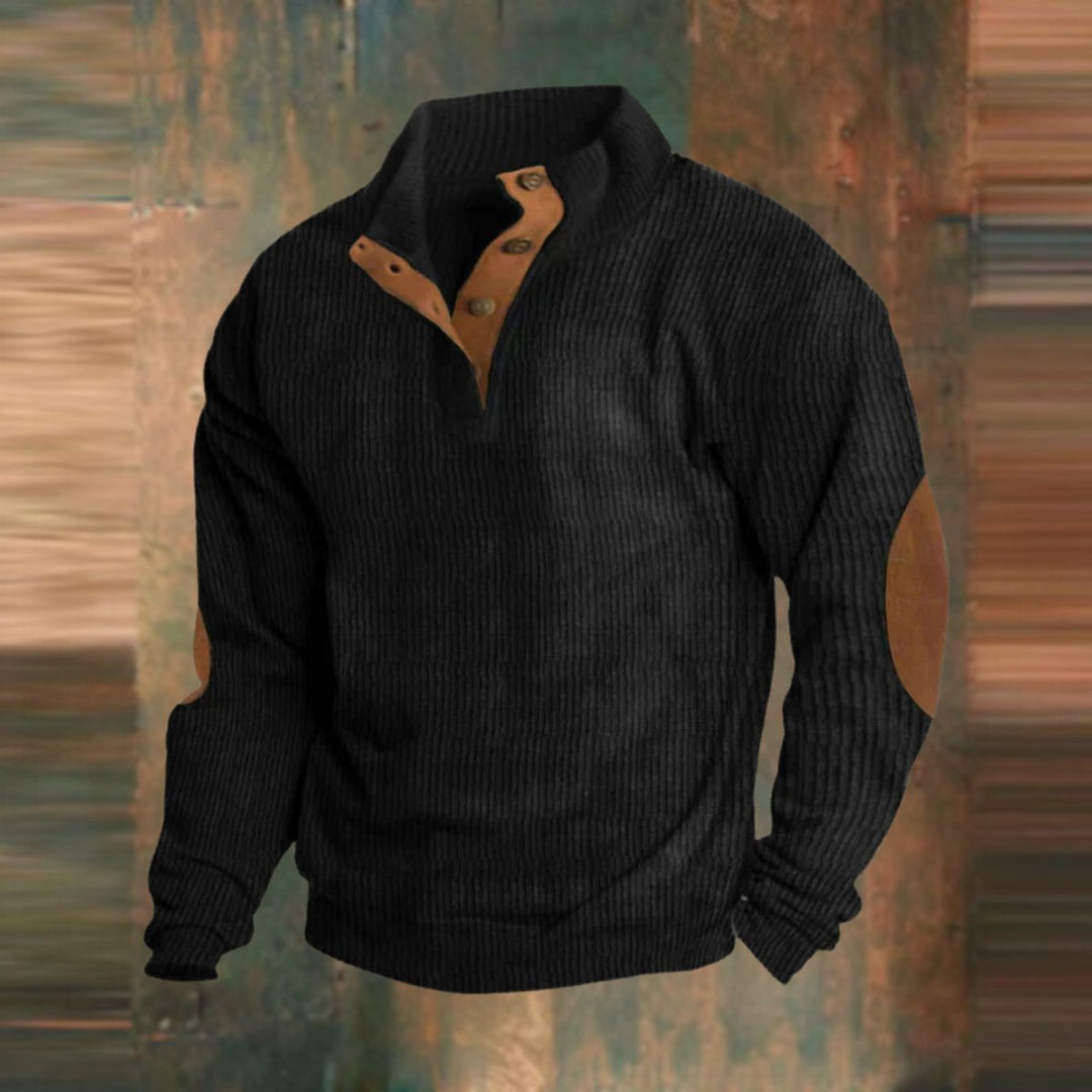 Men's Ribbed Quarter-Button Stand-Collar Pullover Sweater