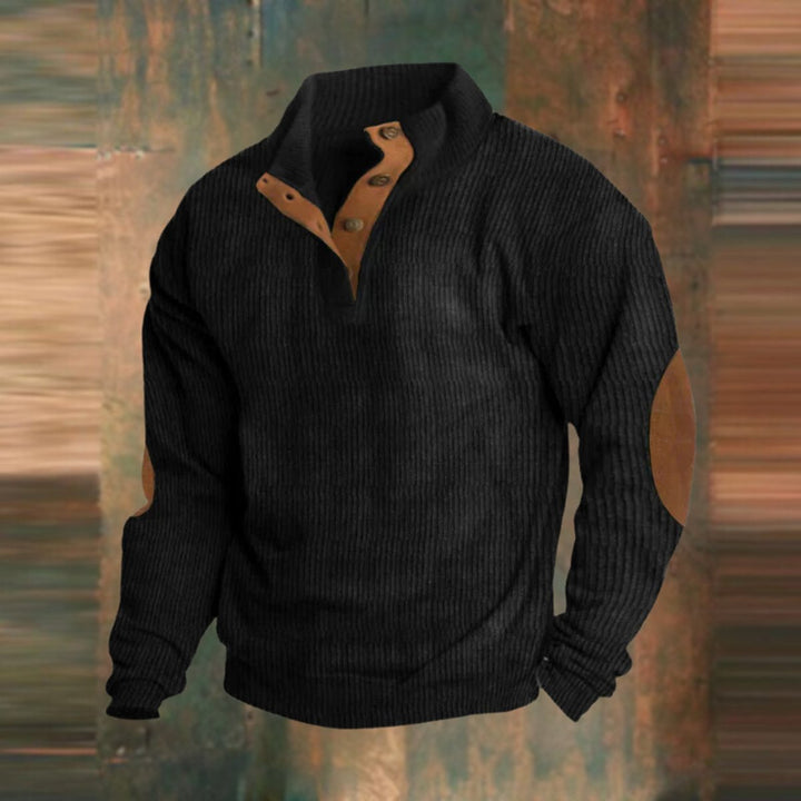 Men's Ribbed Quarter-Button Stand-Collar Pullover Sweater
