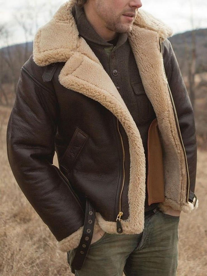 Men's Shearling-Lined Leather Aviator Bomber Jacket