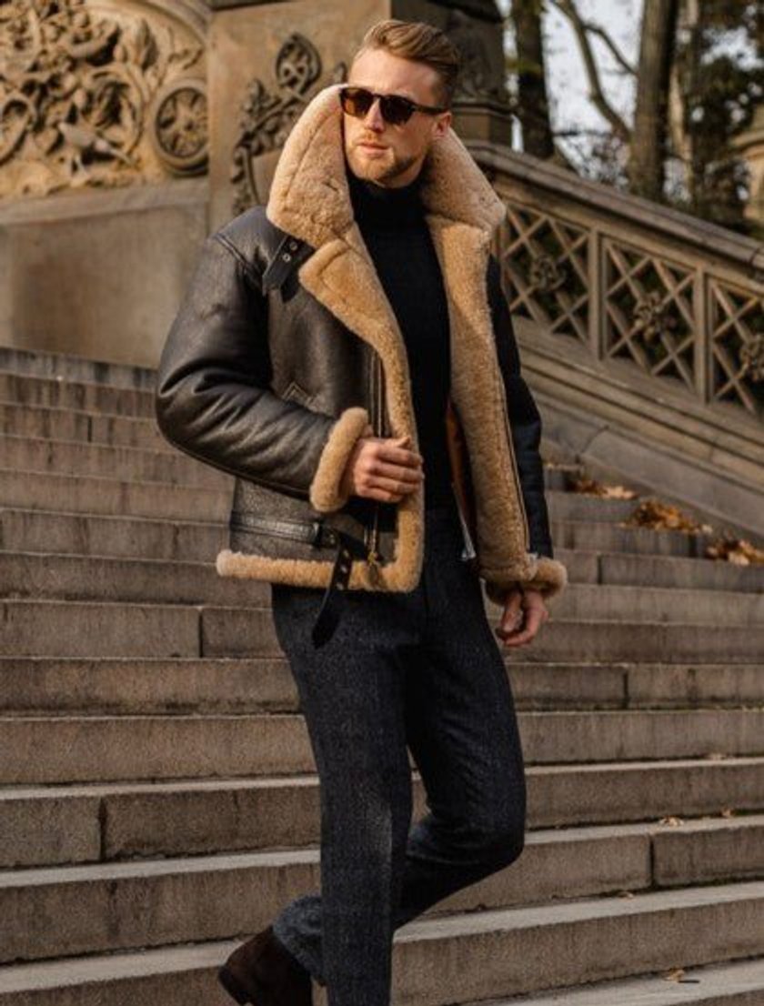 Men's Shearling-Lined Leather Aviator Bomber Jacket