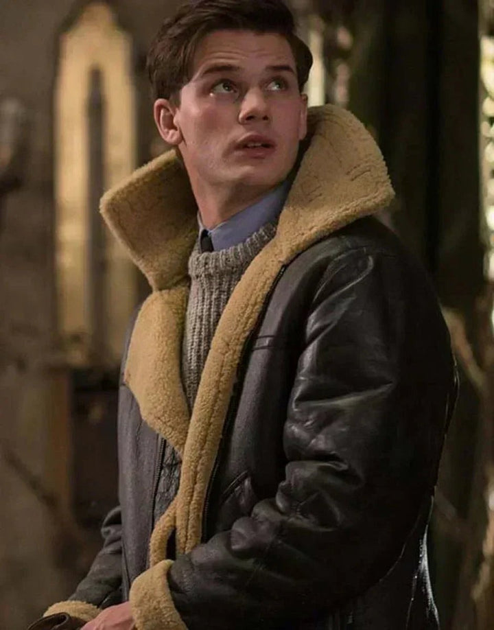 Men's Shearling-Lined Leather Aviator Bomber Jacket