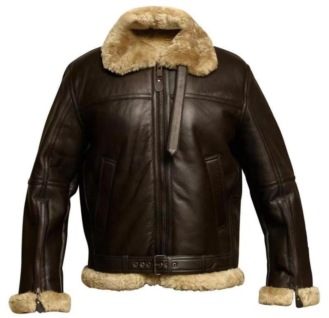 Men's Shearling-Lined Leather Aviator Bomber Jacket