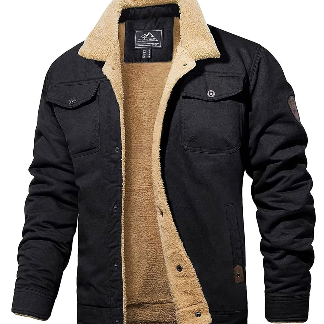 Men's Sherpa-Lined Fleece Button-Front Winter Jacket - Black