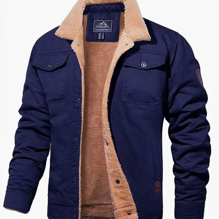 Men's Sherpa-Lined Fleece Button-Front Winter Jacket - Navy Blue