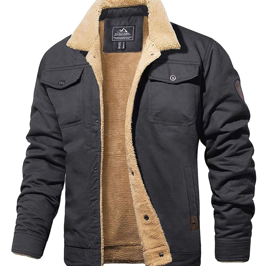 Men's Sherpa-Lined Fleece Button-Front Winter Jacket - Dark Gray