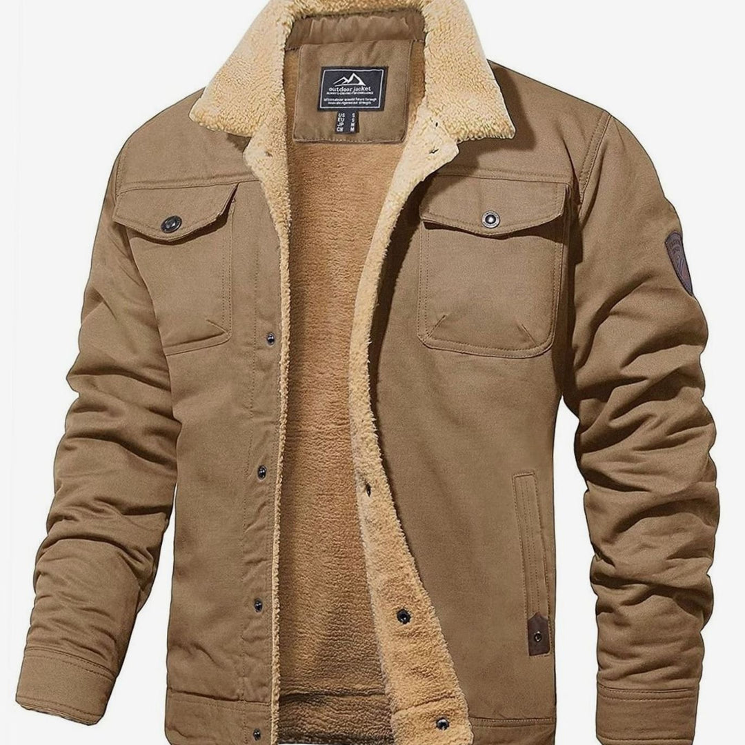 Men's Sherpa-Lined Fleece Button-Front Winter Jacket - Khaki