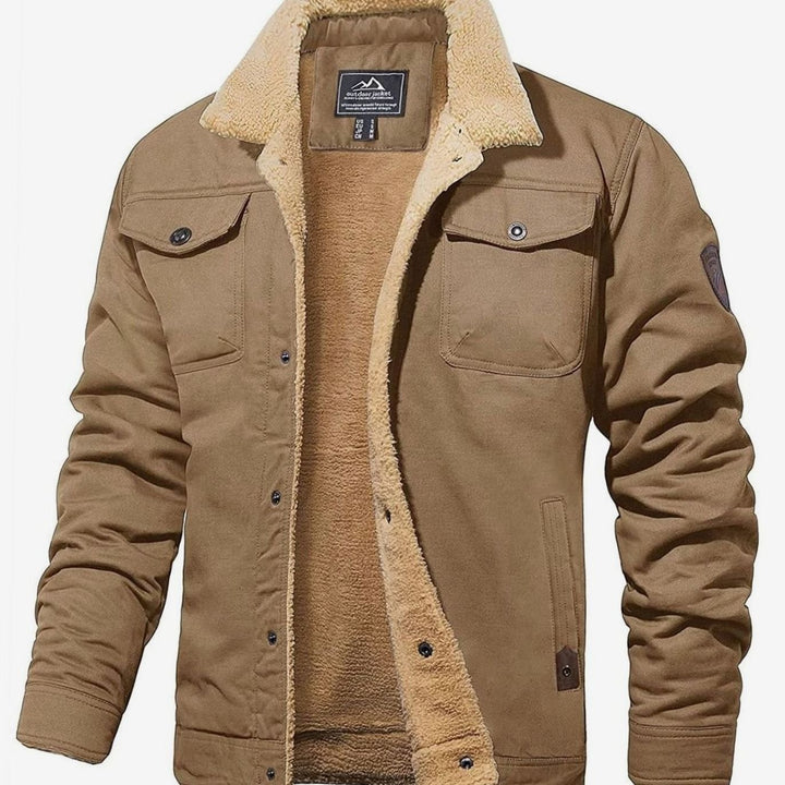 Men's Sherpa-Lined Fleece Button-Front Winter Jacket - Khaki