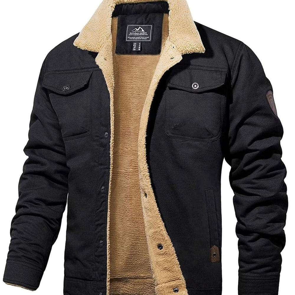 Men's Sherpa-Lined Fleece Collar Outdoor Casual Jacket - Black