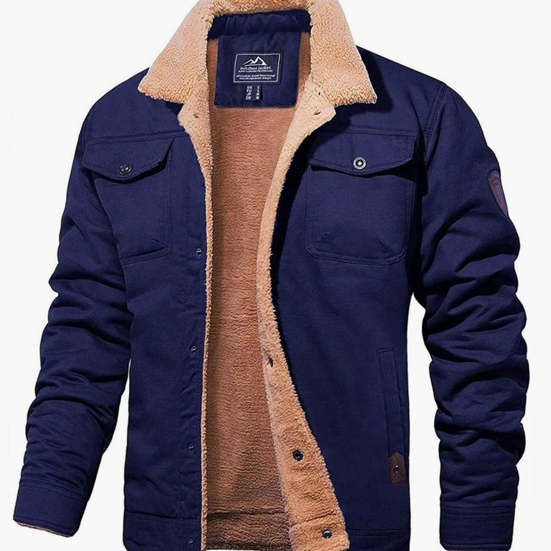 Men's Sherpa-Lined Fleece Collar Outdoor Casual Jacket - Navy Blue