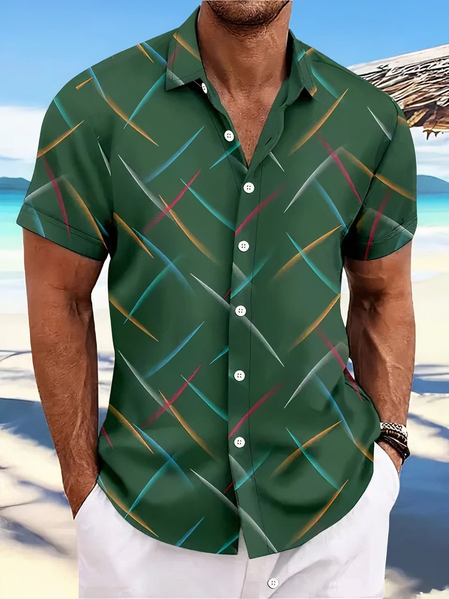 Men's Short-Sleeve Abstract Geometric Print Button-Down Shirt