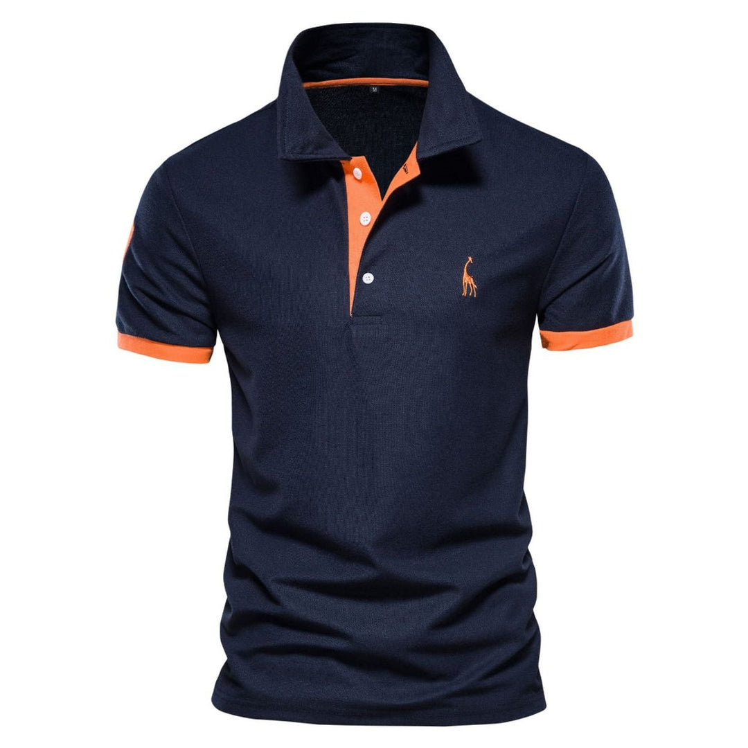 Men's Short-Sleeve Contrast-Trim Giraffe-Embroidered Polo Shirt - Navy Blue Orange