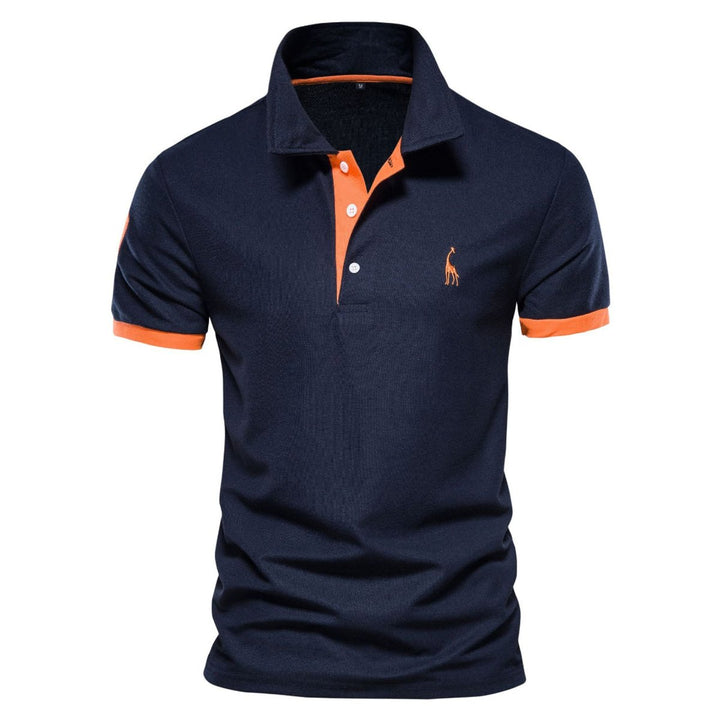 Men's Short-Sleeve Contrast-Trim Giraffe-Embroidered Polo Shirt - Navy Blue Orange