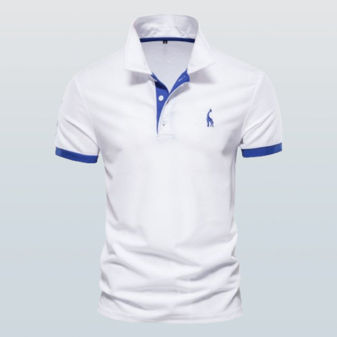 Men's Short-Sleeve Contrast-Trim Giraffe-Embroidered Polo Shirt - White