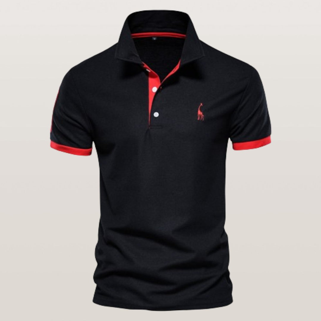 Men's Short-Sleeve Contrast-Trim Giraffe-Embroidered Polo Shirt - Black Red