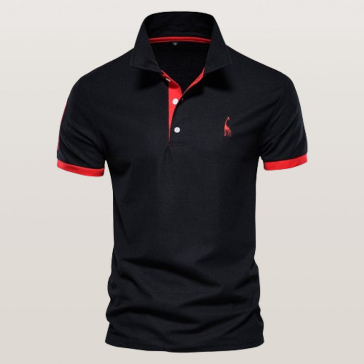 Men's Short-Sleeve Contrast-Trim Giraffe-Embroidered Polo Shirt - Black Red