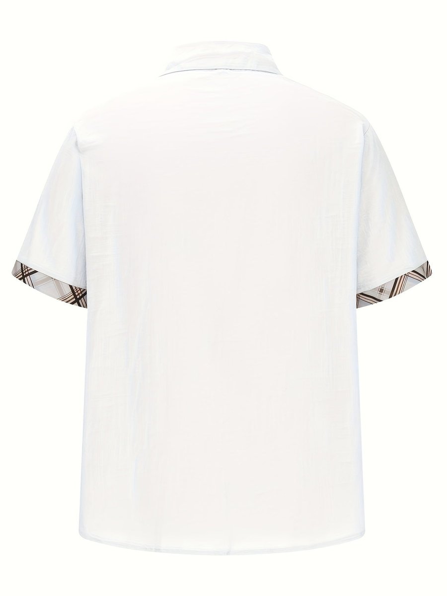 Men's Short-Sleeve Plaid-Lined Linen Button-Down Shirt