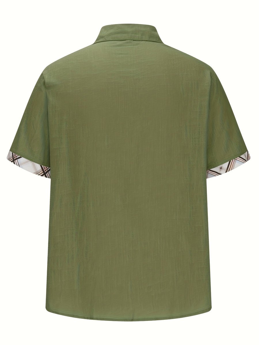 Men's Short-Sleeve Plaid-Lined Linen Button-Down Shirt